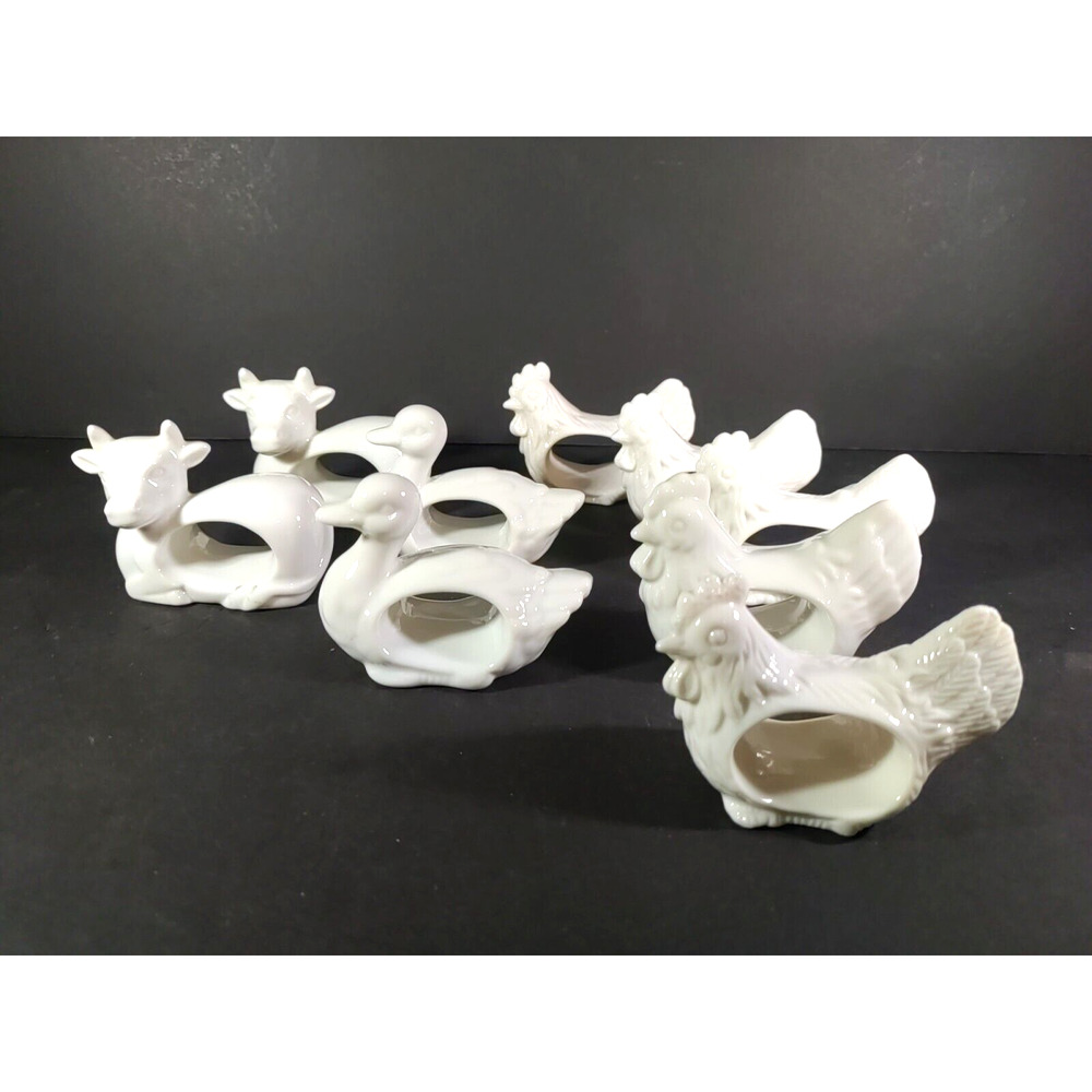 Napkin Rings Lot Of 9 Ceramic Farm Animals Cows Chickens Ducks